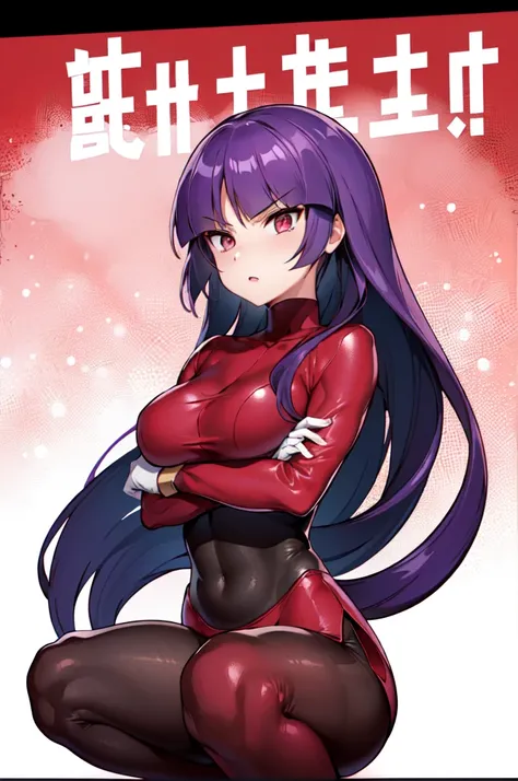 (masterpiece, best quality:1.2), 1girl, solo, sabrina, pokemon, long hair, purple hair, blunt bangs, red eyes, red sweater dress,(white gloves:1.2), black sash, (black leggings:1.1), (bodysuit:1.1), pantyhose, large breasts, knee boots,panties under pantyh...