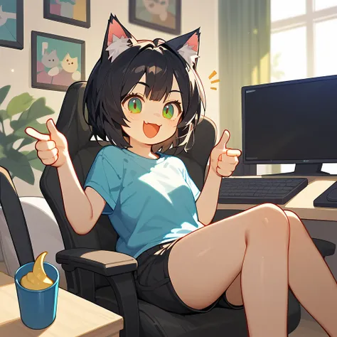 source_anime, score_9, score_8_up, BREAK a 1girl using a computer, cat ears, shirt, shorts, living room, thumbs up, smile open mouth