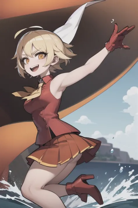 ((masterpiece, best quality)), (1girl), (solo), (female focus), (ahoge, blonde amd black hair, short hair), fire eyes, light smile, open mouth, ((torn  skirt), (( red skirt)), standing, water background, arms behind back, dynamic angle