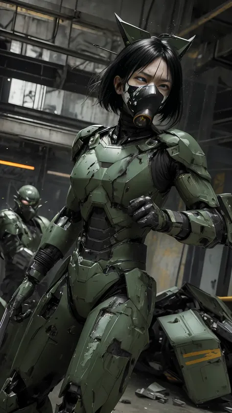 , Advanced Details, high quality, 最high quality, High resolution, 1080P 、Bleeding from the wound、Sexy Eyes、Wearing green and black、cute((The whole body is sweating))(Equipped with a damaged battle suit....)(Dark green armor)(Broken Armor)Black Hair、((Middl...