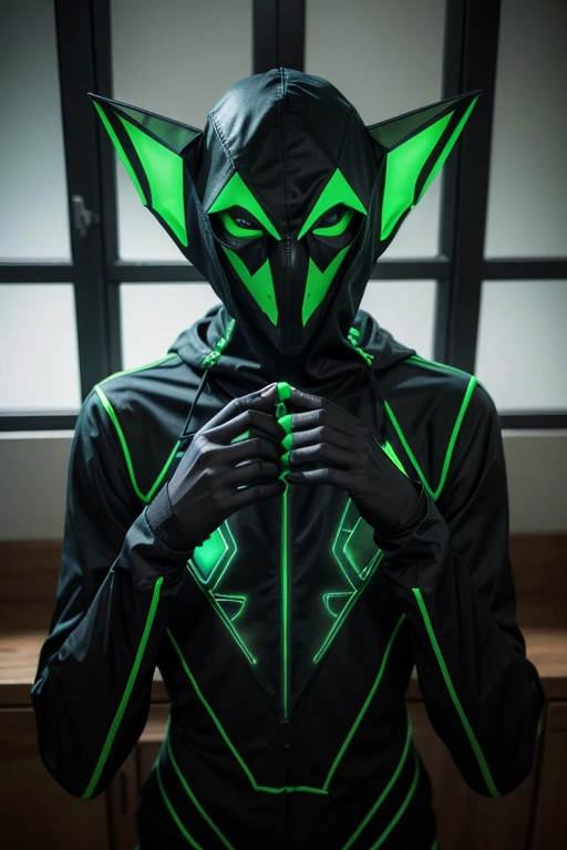 1 extraterrestrial being, Green color, high, humanoid, 4 legs, three fingers on the hands, with a mask on his head, la cual tiene 3 huecos hexagonales de color negro puestos en forma triangular con 2 cuernos Green color lisos, surrounded by a green aura