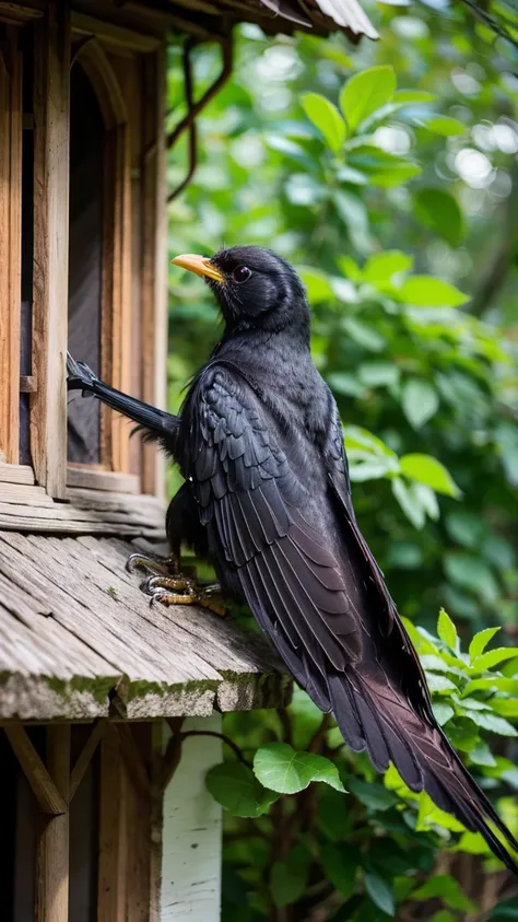 there is a large purple black bird, with stripes in a birdhouse with a tail, rare bird in the jungle, long tail, very beautiful and elegant, beautiful and elegant, long and elegant tail, captured on canon eos r 6, long tail, beautiful and graceful, long ta...