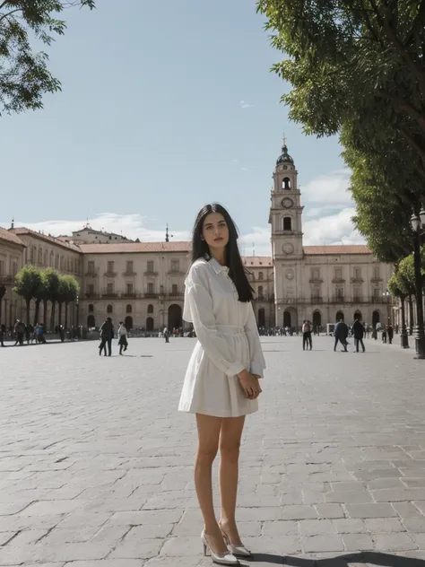 her name is Amelie, high quality, 1girl, ((25-year-old fit Caucasian woman)), ((25 years old)), ((SLIM)), ((long dark hair), pose: standing, wearing In style in trend Generation-Z modern wear different colored, BACKGROUND:"In the Plaza de Armas, surrounded...