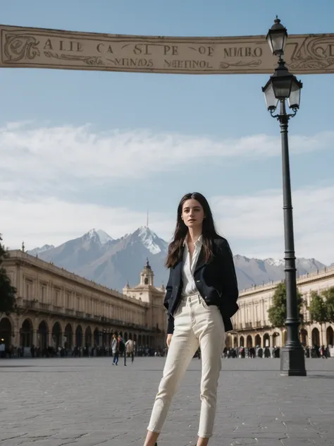 her name is Amelie, high quality, 1girl, ((25-year-old fit Caucasian woman)), ((25 years old)), ((SLIM)), ((long dark hair), pose: standing, wearing In style in trend Generation-Z modern wear different colored, BACKGROUND:"In the Plaza de Armas, surrounded...