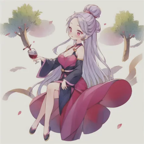 best quality, ((Cute light-skinned baby)),chibi anime,chibi, Long white hair，Shouhui,cute,Pink purple eyes,1girl, ,bare shoulders,(black long sleeves),big breast,cleavage,sit on the chair，((drink wine))，((cup)),blush，shy，Look up，Trees，Bright colors，Left bu...