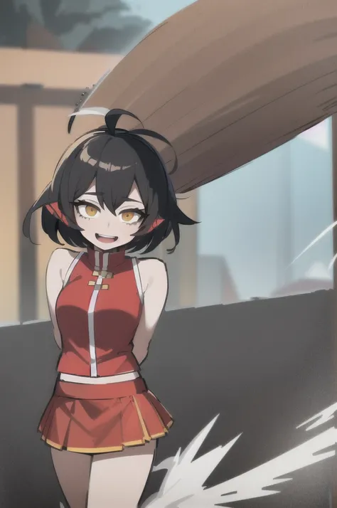 ((masterpiece, best quality)), (1girl), (solo), (female focus), (ahoge, blonde amd black hair, short hair), fire eyes, light smile, open mouth, ((torn  skirt), (( red skirt)), standing, water background, arms behind back, dynamic angle