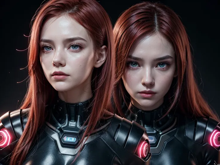 A woman with intense, styled red hair, perhaps with neon streaks. Her expression is serious and determined, with one half of her face appearing cybernetic. She has bright pink glowing eyes, with the cybernetic eye having a more intense glow, suggesting adv...