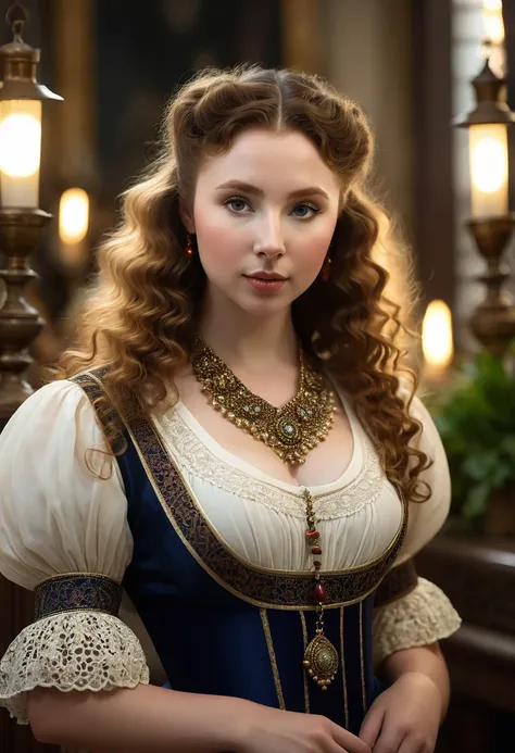 A beautful jewish women with a thick bush unibrow and a large bulbous nose. brown hair that is extremy curly and kinky, Traditional jewish dress. Ultra HD, with Rococo he symmetrical face, photorealistic photography, path tracing, specular lighting, and vo...