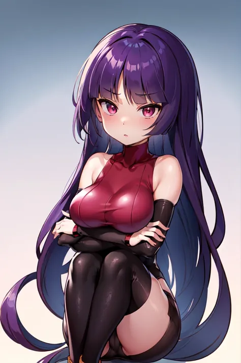 (masterpiece, best quality:1.2), 1girl, solo, sabrina, pokemon, long hair, purple hair, blunt bangs, red eyes,(white gloves:1.2), black sash, (black leggings:1.1), (bodysuit:1.1), pantyhose, large breasts, knee boots,panties under pantyhose, glaring,crosse...