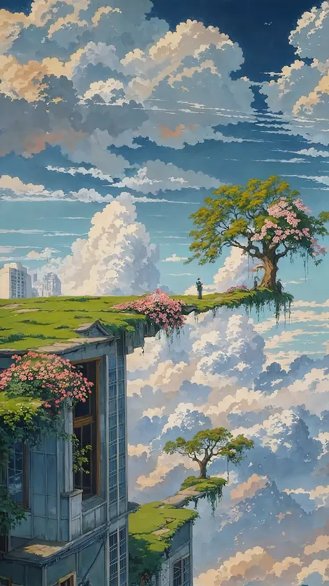 painting of a house with a tree on a cliff above the clouds, kilian eng and thomas kinkade, rob gonsalves and tim white, silvain...