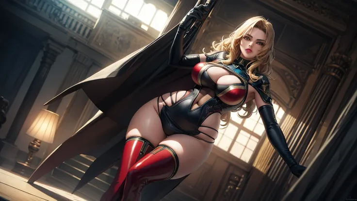 1girl,Alicia Viewsrtream,red lips,red impossible clothes,red elbow gloves,red thigh boots,cape,incredibly absurdres,Volumetric Lighting,moody lighting,thighs,realistic,reality,hetero, best quality:1.4, intricate details, sharp focus, highres, elaborate atm...