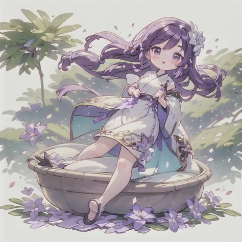 best quality, Cute light-skinned baby chibi anime, Long purple hair，Shouhui,cute,Purple Eyes, Butterfly hair accessory on the right，full body,((独奏)),Long skirt，big breast,Bare legs，White background,Falling petals，Holding a basket of flowers，Picking flowers...