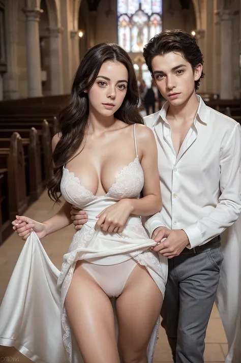 Realistic, photorealistic, ( mother and son couple:1.5), highly detailed and realistic image of 3 Kaya Scodelario and one son as a ultra sexy angelic vampire brides, facing the viewer, walking together on a long white carpet towards the camera in a bridal ...