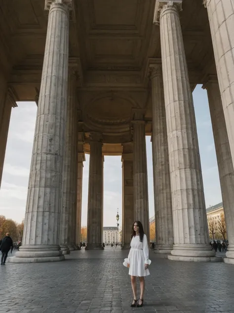 her name is Amelie, high quality, 1girl, ((25-year-old fit Caucasian woman)), ((25 years old)), ((SLIM)), ((long dark hair), pose: standing, wearing In style in trend Generation-Z modern wear different colored, BACKGROUND:"At the Brandenburg Gate, with its...