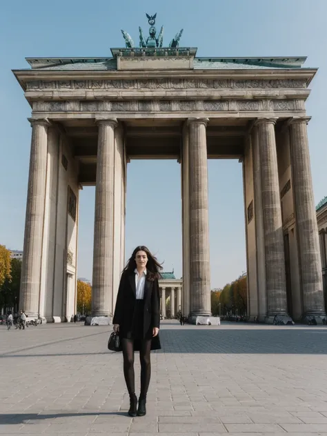 her name is Amelie, high quality, 1girl, ((25-year-old fit Caucasian woman)), ((25 years old)), ((SLIM)), ((long dark hair), pose: standing, wearing In style in trend Generation-Z modern wear different colored, BACKGROUND:"At the Brandenburg Gate, with its...