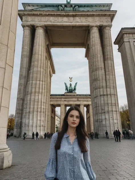 her name is Amelie, high quality, 1girl, ((25-year-old fit Caucasian woman)), ((25 years old)), ((SLIM)), ((long dark hair), pose: standing, wearing In style in trend Generation-Z modern wear different colored, BACKGROUND:"At the Brandenburg Gate, with its...