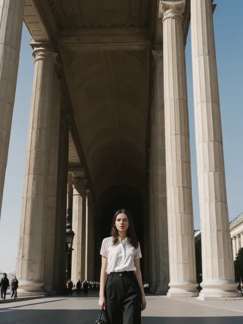 her name is Amelie, high quality, 1girl, ((25-year-old fit Caucasian woman)), ((25 years old)), ((SLIM)), ((long dark hair), pose: standing, wearing In style in trend Generation-Z modern wear different colored, BACKGROUND:"At the Brandenburg Gate, with its...