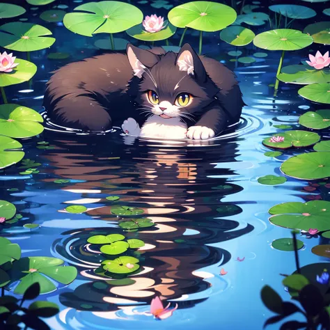 kitten, alone, looking at viewer, water, wet, no humans, animal, cat, insect, butterfly, :<, partially submerged, colored sclera, reflection, black cat, animal focus, ripples, whiskers, water lily