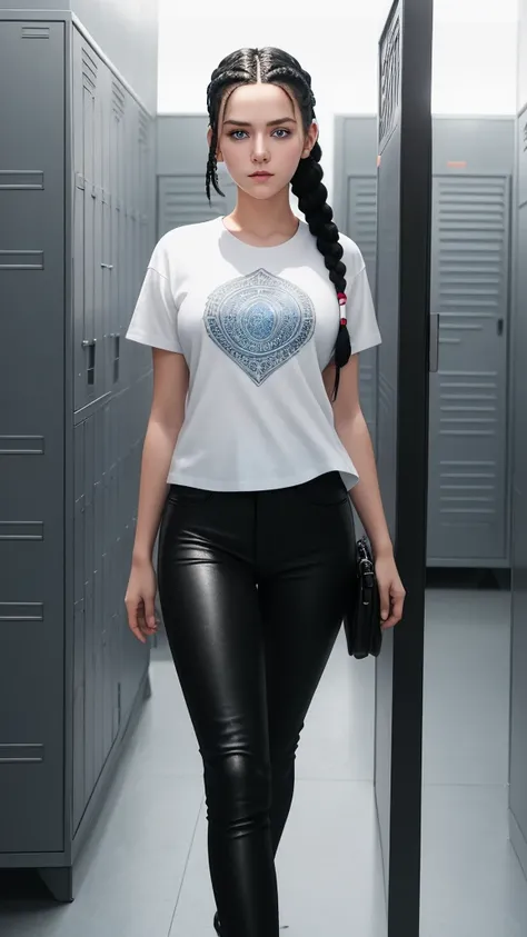 Masterpiece, street portrait, standing full length, teenage girl, black braided hair, beautiful face, blue eyes, detailed eyes, white t-shirt, tight black pants, standing Locker front, 30k, intricate clothing details, high detail, perfect lighting, cinemat...