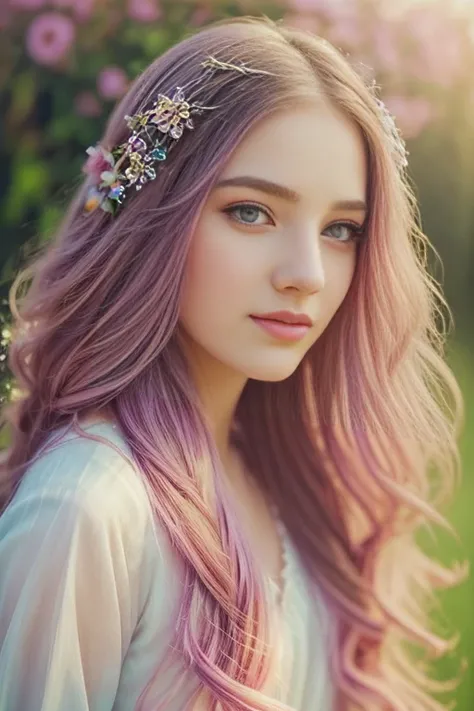 A whimsical girl with long flowing flower hair,dancing in a vibrant colorful field,dreamy watercolor painting,beautiful detailed eyes,beautiful detailed lips,extremely detailed face and portrait,intricate floral hairstyle,magical realism,natural lighting,p...