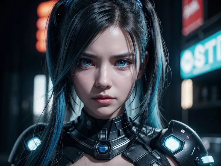 A single woman with intense, styled blue hair, perhaps with neon streaks. Her expression is serious and determined, with one half of her face appearing cybernetic. She has bright pink glowing eyes, with the cybernetic eye having a more intense glow, sugges...