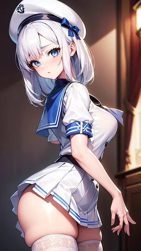 beautiful detailed girl, 1girl, detailed white hair, detailed blue eyes, detailed small perky breasts, detailed tight firm butt, short white pleated skirt, blue panties, button up shirt, sailor cap, extremely detailed, realistic, photorealistic, ultra-deta...