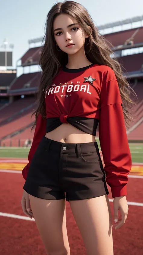 A teenage girl, tangled brown;, a black-eyed star, a beautiful face, wearing a red shirt with knots.., black rock-style shorts, slim, beautiful stomach, thin legs, standing on the stands of Football field., 30k, 3D, beautiful clothing details, highly detai...