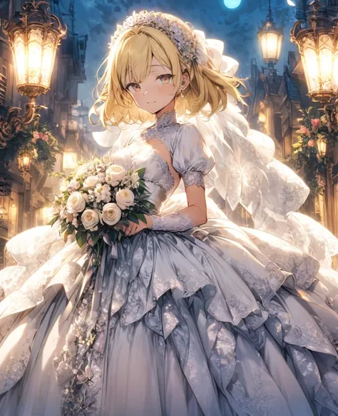 boyish　Slanted Eyes　Blonde　whole body　Wedding dress　moonlight　bouquet　Bob Short　Modest chest　Night view