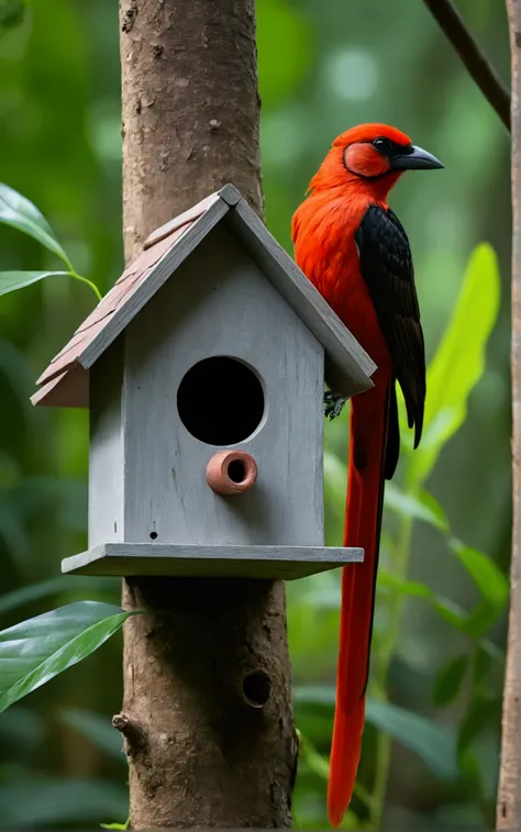 there is a big red black bird, with stripes in a birdhouse with a tail, rare bird in the jungle, long tail, very beautiful and elegant, beautiful and elegant, long and elegant tail, captured on canon eos r 6, long tail, beautiful and graceful, long tails, ...