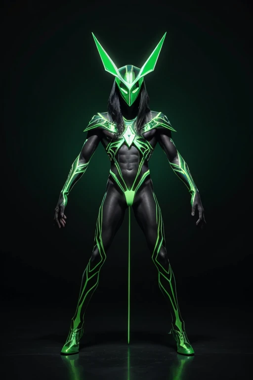 1 extraterrestrial being seen in full body, Green color, high, 4 legs, three fingers on the hands, with a mask on his head, la cual tiene 3 huecos hexagonales de color negro puestos en forma triangular con 2 cuernos Green color lisos, surrounded by a green...