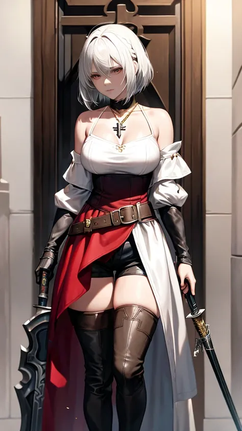 Little Red Riding Hood grew up to be a witcher，Holding a silver sword in his hand，Wearing tights，Cold personality，Wearing a sawed-off shotgun，Wearing long boots，A pair of arm armor，There is a cross pattern on the arm armor，A cross necklace around the neck，...