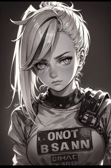 A girl in a mugshot, sketch, black and white, detailed features, cute, vintage style, high contrast lighting, expressive eyes, tousled hair. (best quality, highres, realistic:1.37), vintage, monochrome, intense gaze, dramatic lighting, rugged background, d...