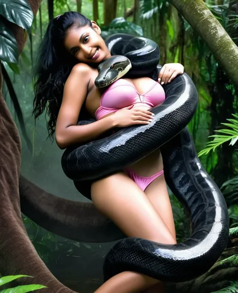 topless  pink thong wearing aroused horny beautiful happy young indian teen girl vs  giant colossal black anaconda monster wrapp...