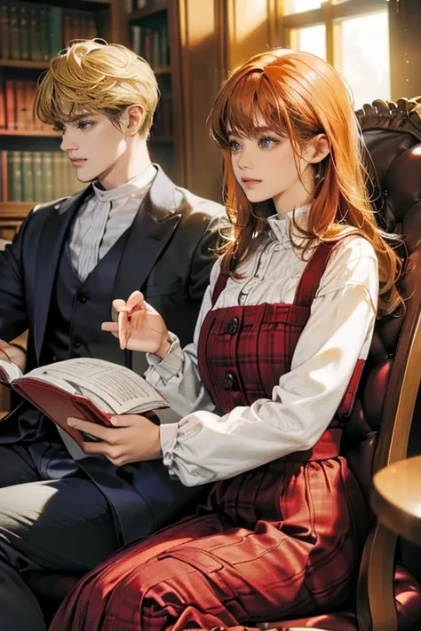 (absurdres, highres, ultra detailed)(couple wearing brown plaid uniform, reading book together in the library)(1 female, 1 male),(1 female with red-orange hair, long wavy hair without bangs, green eyes)(1 male with short white hair, blue eyes, wearing eyeg...