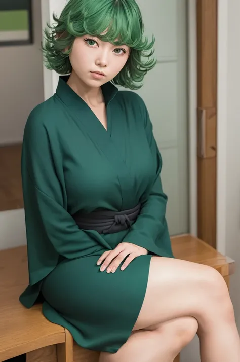 (Masterpiece, Best Quality:1.2), solo, 1girl, tatsumaki, unamused, closed mouth, looking a viewer, hand on our face, sitting, Short black kimono ,big thighs,crossing leg, green hair