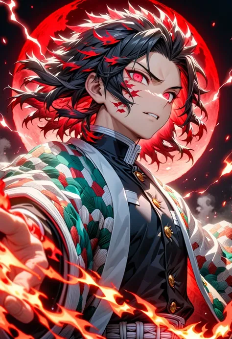 Ultra detailed, highres, absurdres, HDR, master piece, male demon slayer, black medium length hair, expressive red eyes, white haori with patterns of flames, black demon slayer uniform, Kimetsu No Yaiba, handsome, sexy man, solo, magic, shining red firefli...