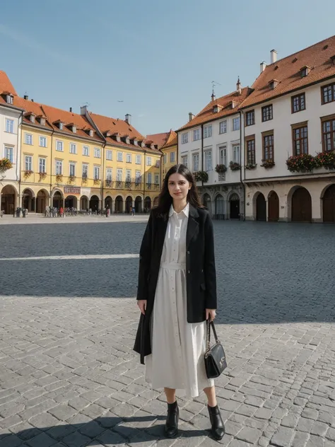 her name is Amelie, high quality, 1girl, ((25-year-old fit Caucasian woman)), ((25 years old)), ((SLIM)), ((long dark hair), pose: standing, wearing In style in trend Generation-Z modern wear different colored, BACKGROUND:"In the Rynek Główny, Europes larg...