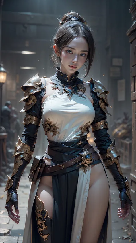 ((Waist shot view)), Game art，The best picture quality，Highest resolution，32K，(A bust photograph)，(Portrait)，(Head close-up)，(Rule of thirds)，Unreal Engine 5 rendering works， (The Girl of the Future)，(Female Warrior)， 20-year-old girl， elegant smile, short...