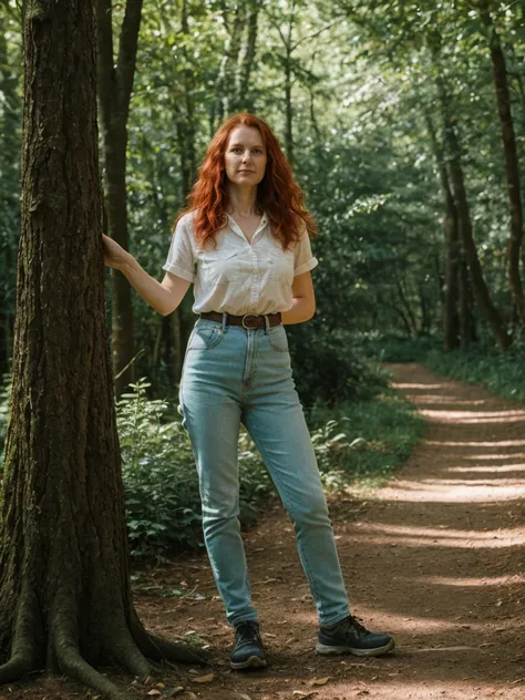 portrait, her name is Mia, high quality, 1 old woman, ((40-year-old guitar shaped body irish woman)), (((40 years old))), ((guitar shaped body)), wide hips, (wrinkled body), (old body), (((red hair))), (pale skin), ((green eyes)), she is wearing hiking gea...