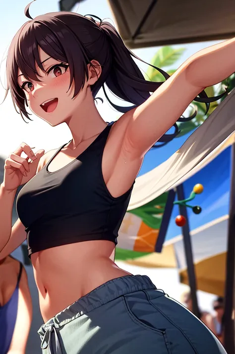 Beach, summer festival, live, music, artist, sweat, girl, front teeth, ponytail, tank top,