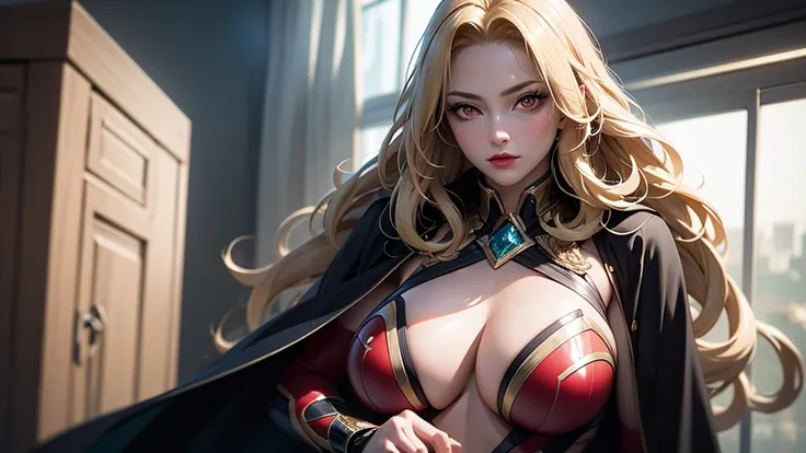 1girl,Alicia Viewsrtream, blonde hair, wavy hair, long hair, red eyes,red lips,red impossible clothes,red elbow gloves,red thigh boots,cape,incredibly absurdres,Volumetric Lighting,moody lighting,thighs,realistic,reality,hetero, best quality:1.4, intricate...