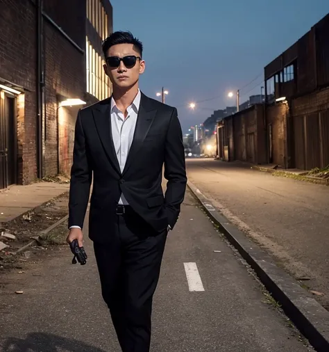 50 years old,One Man,Black Suit,Abandoned factory at night、mafia、Bend、Spread your legs wide、Hold a gun,Open your legs more,logic,Gay ,Very Short Hair,Stubble,Black sunglasses,Asian Faces,Masculine,The groin area swells、Erotic ,looking at the camera