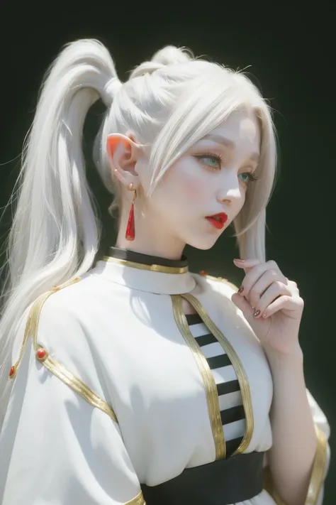 Standing with upper body, Honey, solitary, White skin, Long gray hair, Double ponytail hairstyle, (Elf ears), Green Eyes, Like a gem, earrings, Red Eyeshadow, Red lips, Black Magic Dress, careful, Fake laugh, masterpiece, high quality
