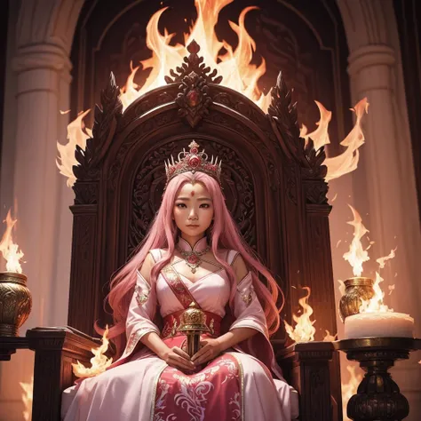 The beautiful Indonesian 17 old lady with stunning longest hair crown windblown. Dressed in pink-white-red luxury queen Dress, holding a magical fire element while sit on the throne in the flame castle with blizzard firestorm view, Surrounded by kings drag...