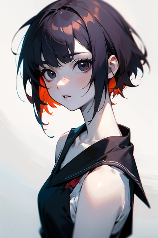 Red short hair anime girl with black eyes and pale skin