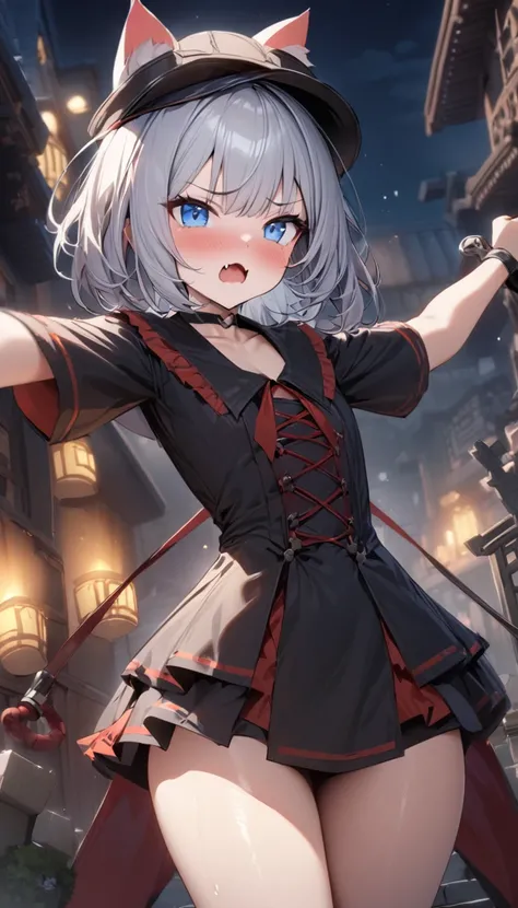 ((best quality)), ((masterpiece)), (details), masterpiece, best quality, high quality, ulutra detailed, perfect face, ((1girl, blue eyes, cat ears: 1.3 silver bob hair: 2.5,)) 、Shiny Hair、Glowing Skin、blush、Lustful look、Tiny vampire fangs、 choker、Kyungsis ...