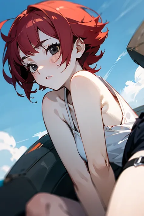 Red short hair anime girl with black eyes and pale skin