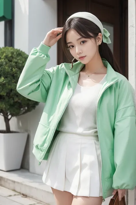 Mint Green + White：
Jacket：一件Mint Green色的棉质T恤，Soft and breathable。
Bottoms：搭配一条White的高腰短裤，Simple and elegant。
Accessories：选择一双White帆布鞋，背一个Mint Green小包，戴一顶White草帽，Add a touch of summer。
