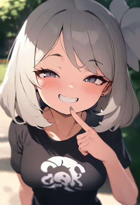 1girl, (23 (Real Xxiii):0.5), (waterkuma:0.5), solo, shortstack, mesugaki, t-shirt, medium breasts, fingernails, portrait, head tilt, finger to mouth, looking at viewer, smug, grin, outdoors, park, dappled sunlight, perfect lighting, depth of field, blurry...