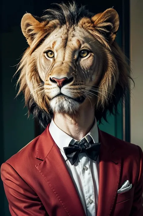 Create an image of a majestic lion. The lion has red eyes and holds a red rose gently in its mouth. It is dressed in a dark green blazer over a white shirt. The overall composition should convey a striking and unique combination of fierceness and elegance,...